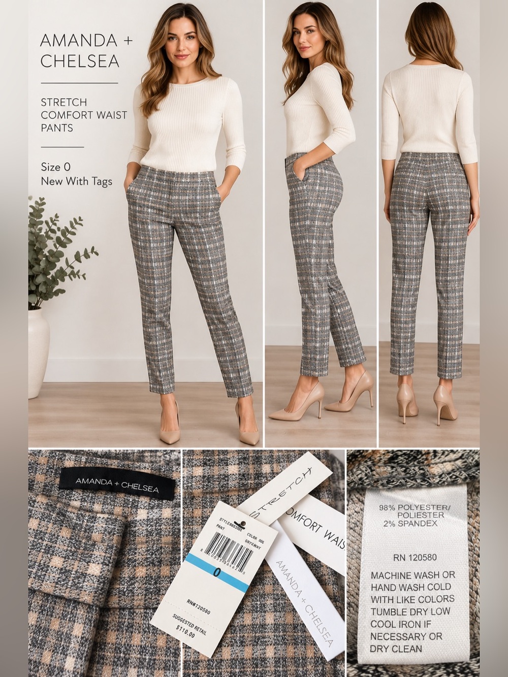 Amanda & Chelsea Gray Plaid Stretch Comfort Waist Pants NWT size 0